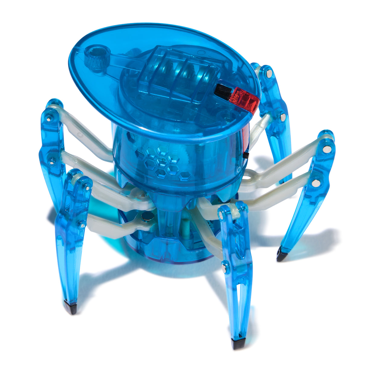 Transparent blue mechanical spider robot toy with articulated legs on a white background