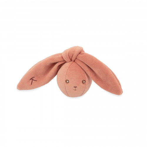 My Little Rattle Ball Bunny in terracotta, soft velour, with large ears and a bell inside for baby play and stimulation.