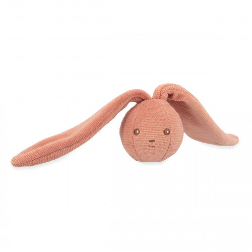My Little Rattle Ball Bunny in terracotta, soft velour fabric with long ears and baby-safe bell inside for toddler play.