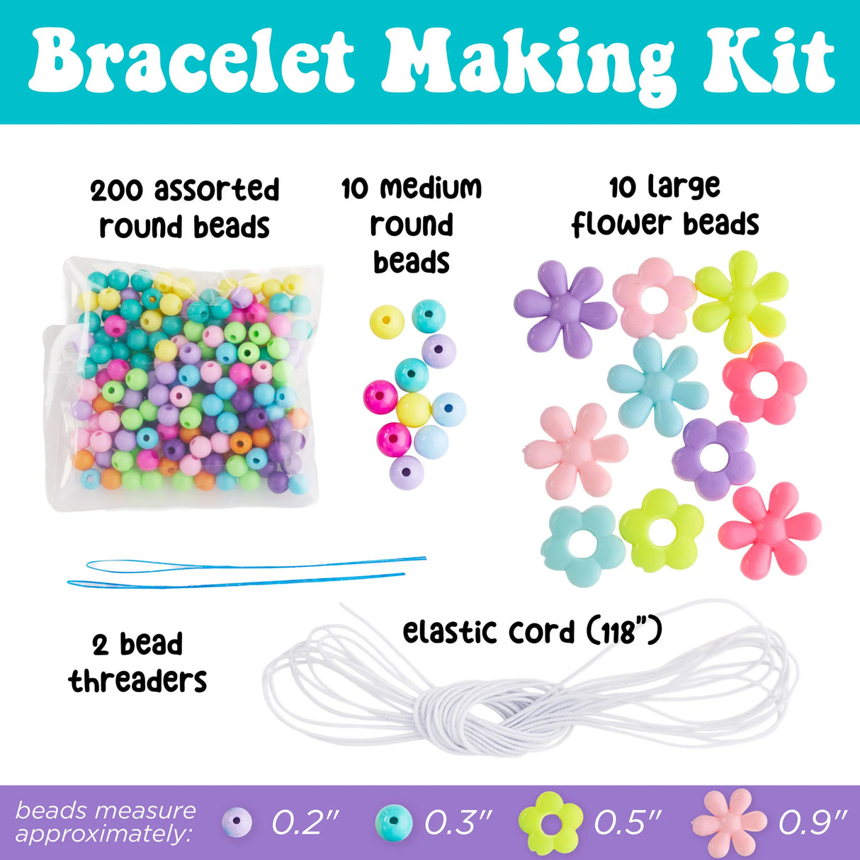 Colorful assortment of round and flower-shaped beads with elastic cord and threaders for making flower bracelets.