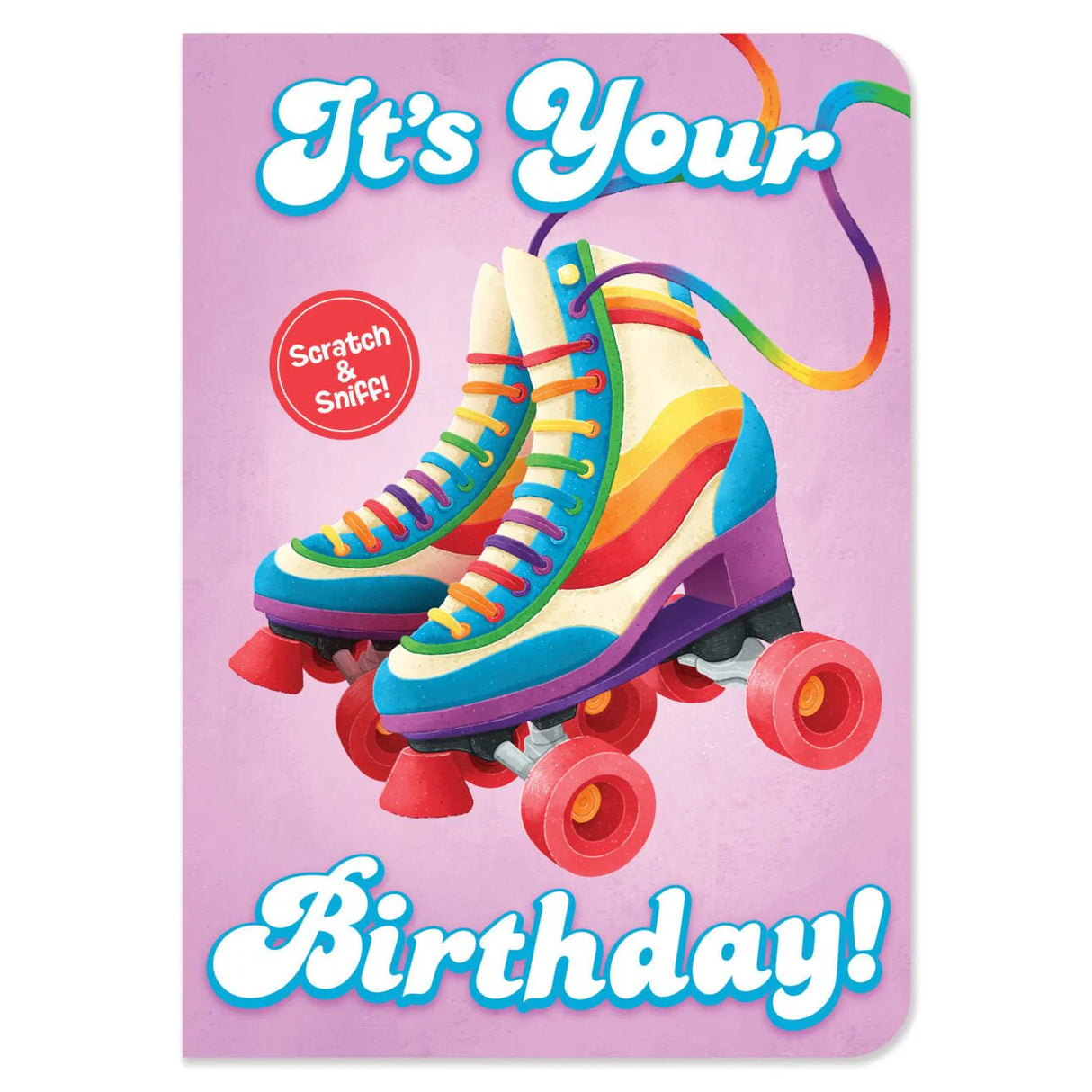 Pair of colorful retro roller skates with rainbow stripes and red wheels on purple birthday card background