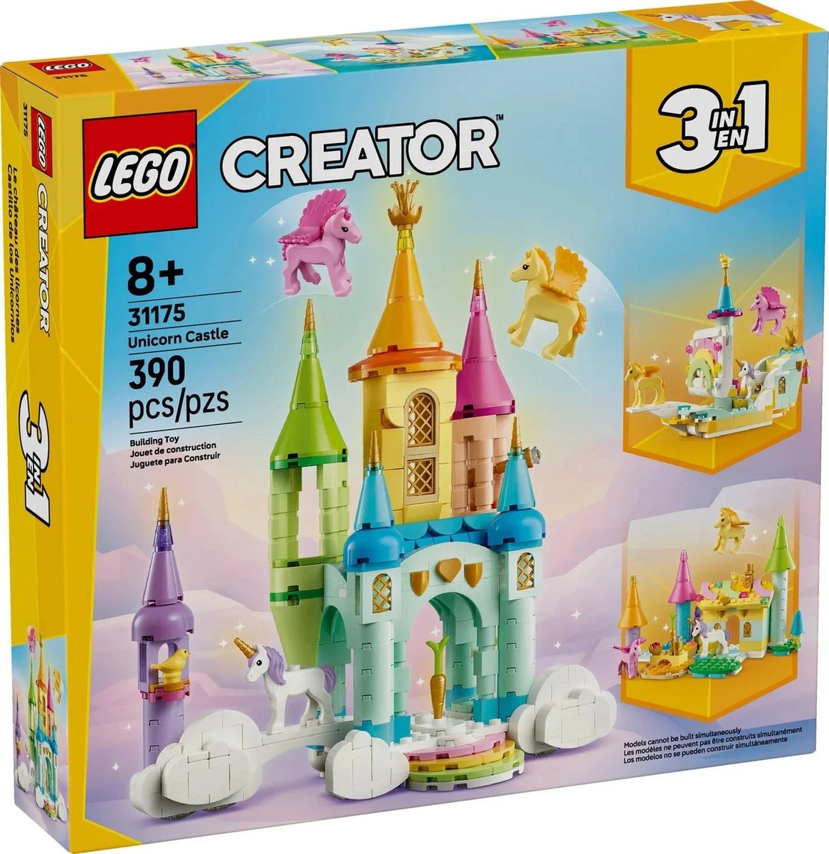LEGO Creator Unicorn Castle building set with colorful towers and three unicorn figures for imaginative play.