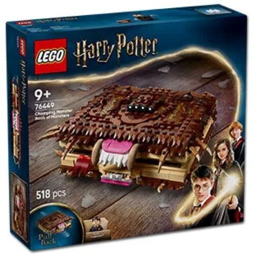 LEGO Harry Potter Chomping Monster Book of Monsters building set with 518 pieces and pull-back function.