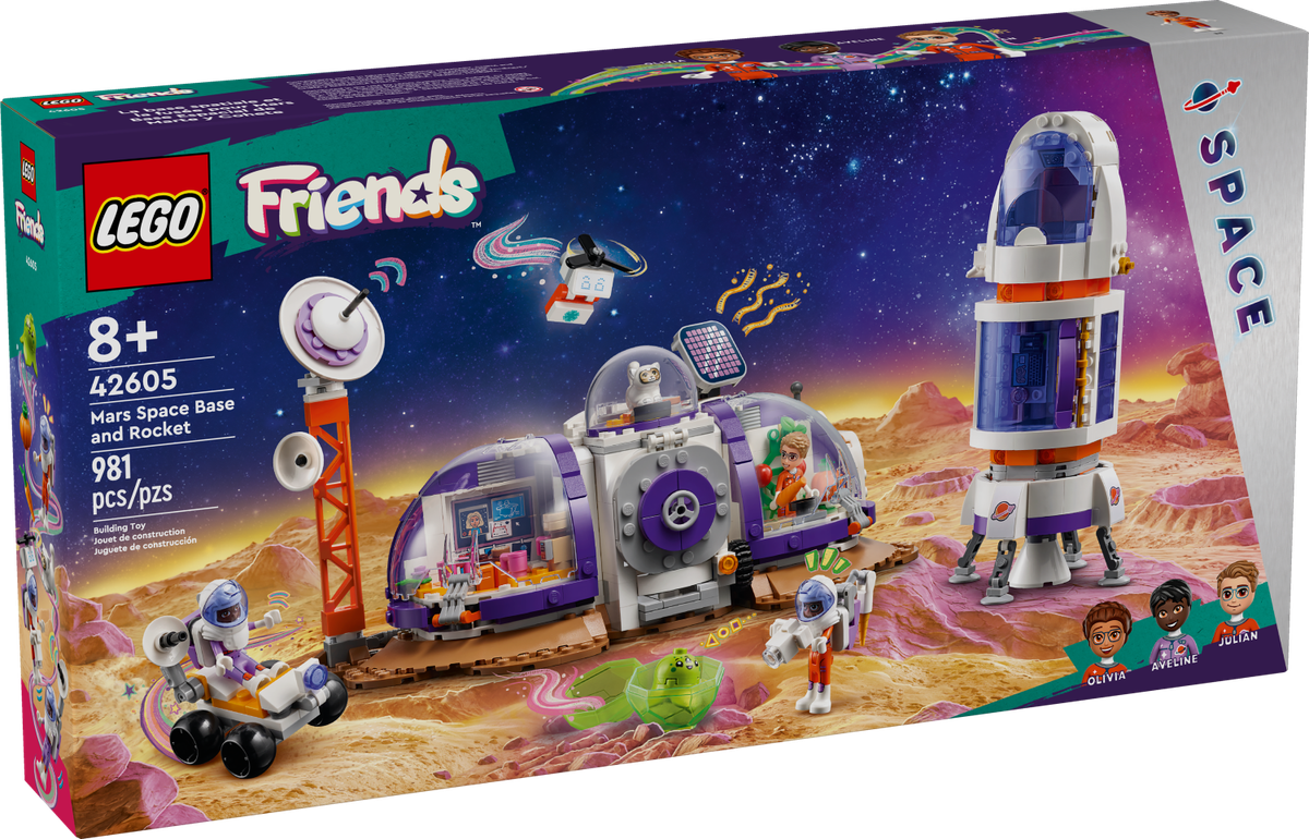 LEGO Friends Mars Space Base and Rocket building set with mini-dolls, rover, and space-themed accessories on a Mars surface.