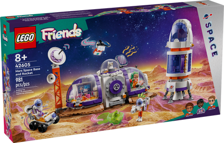 LEGO Friends Mars Space Base and Rocket building set with mini-dolls, rover, and space-themed accessories on a Mars surface.