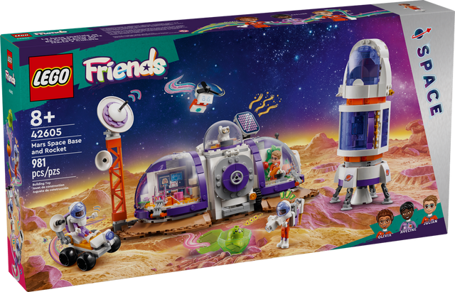 LEGO Friends Mars Space Base and Rocket building set with mini-dolls, rover, and space-themed accessories on a Mars surface.