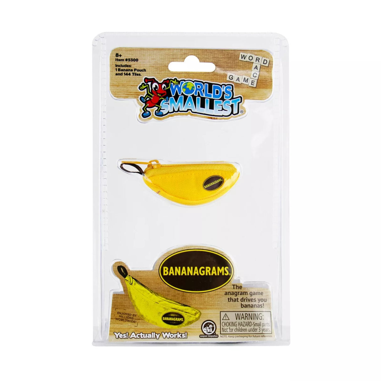 World's Smallest Bananagrams game in compact banana pouch with 144 tiles for portable wordplay fun on the go
