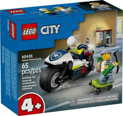 LEGO City Police Motorcycle with officer chasing crook on skateboard near mini ATM in city street playset box