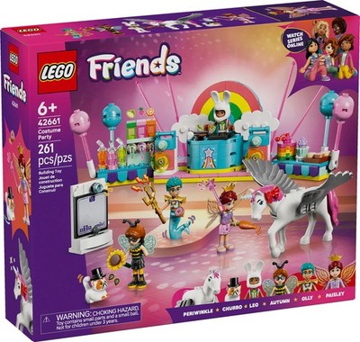 LEGO Friends Costume Party set with unicorn, fairy, merman, bunny, bumblebee, DJ booth, and party decorations.