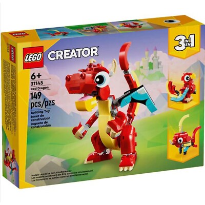 LEGO Creator 3 in 1 Red Dragon building set for kids with posable arms, wings, and colorful pieces for creative play.