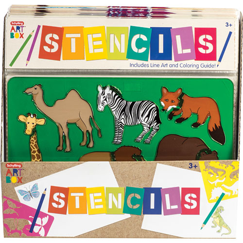Stencils product featuring animal designs including zebra, camel, fox, giraffe for kids aged 3 and up in assorted styles.