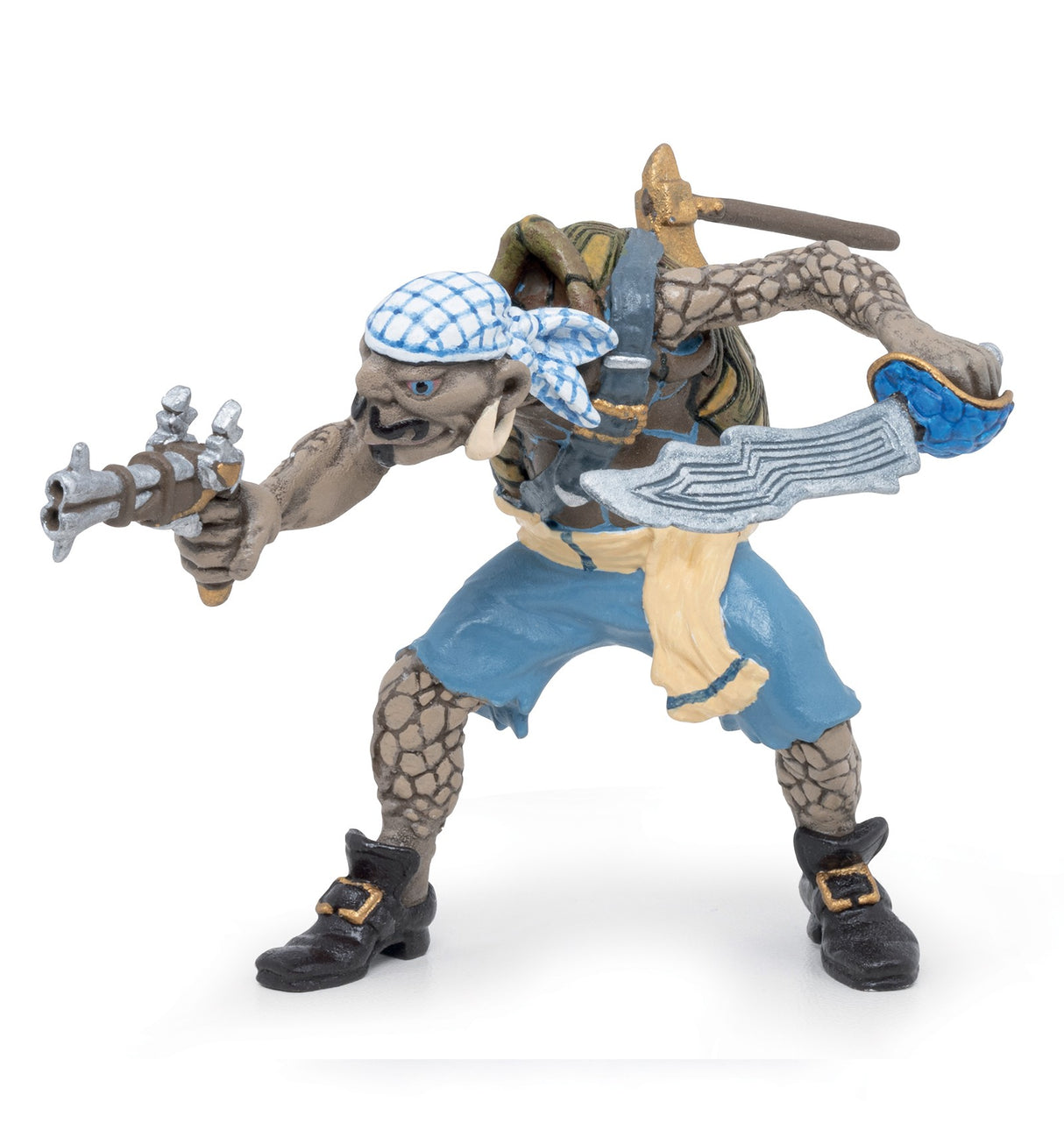 Turtle Mutant Pirate figurine with blue bandana, sword, and pistol ready for adventure on the high seas.