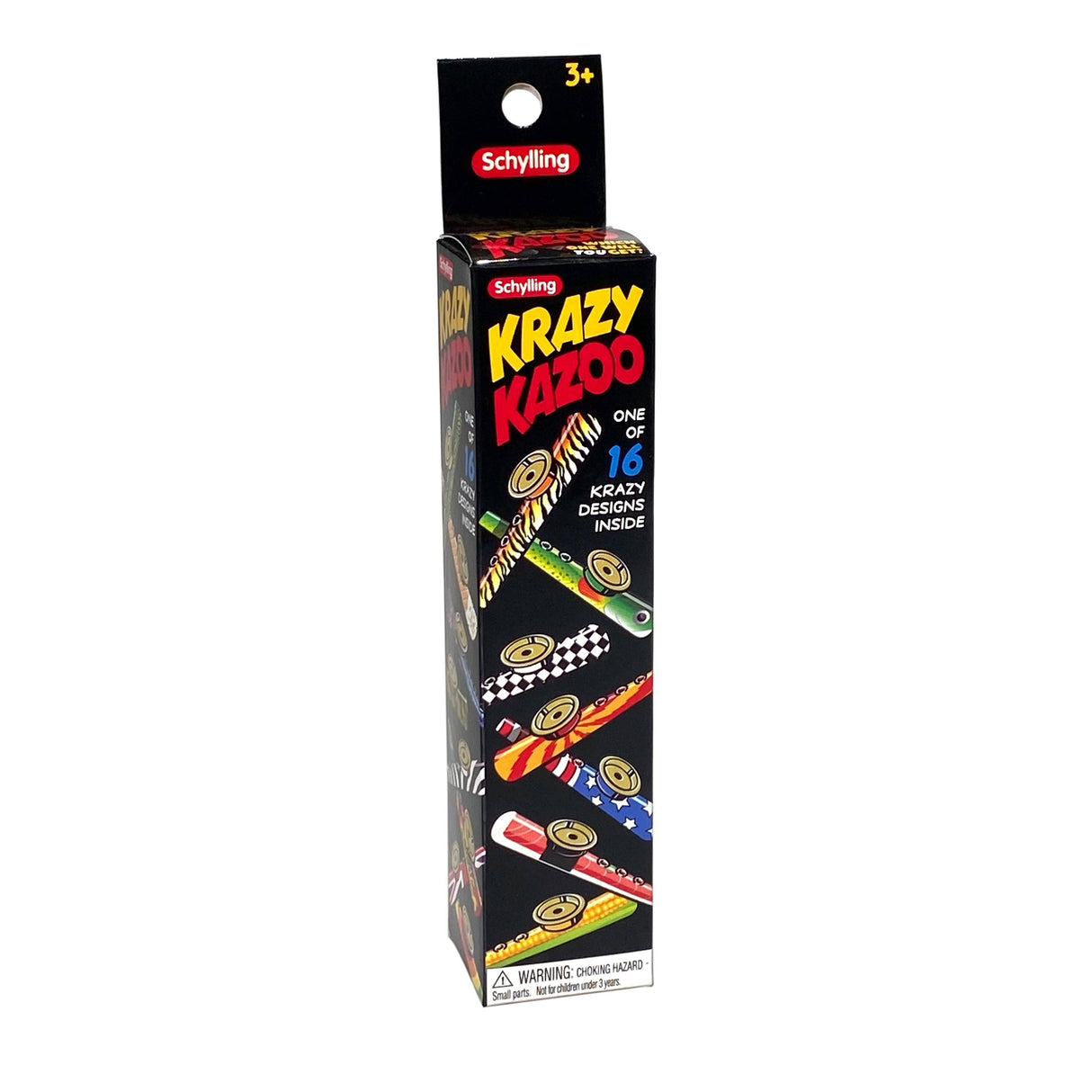 Krazy Kazoo! packaging showing colorful tin kazoo designs, one of 16 collectible styles for kids aged 3 and up.