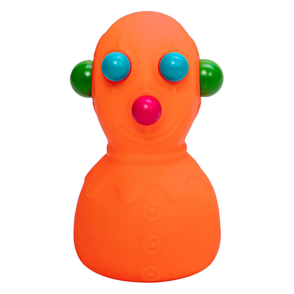 Bright orange NeeDoh Panic Pete stress toy with blue eyes, green ears, and red nose, designed for squeezing and popping.