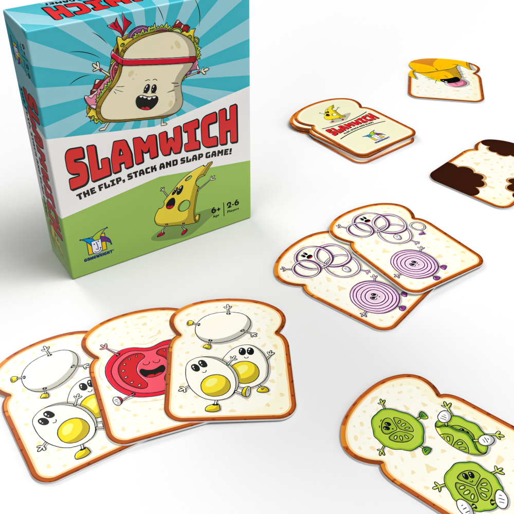 Slamwich game with playful sandwich-themed cards laid out for 2-6 players aged 6 and up, ready to flip and stack.