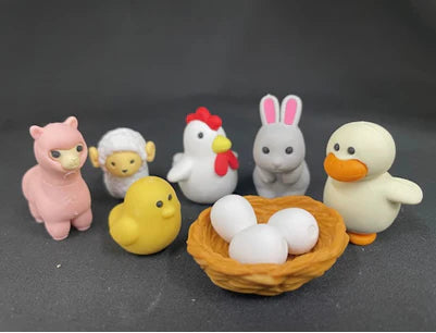 Japanese Eraser Chicken & Friends featuring assorted colorful eraser puzzle animals including chicken, duck, rabbit, and more.