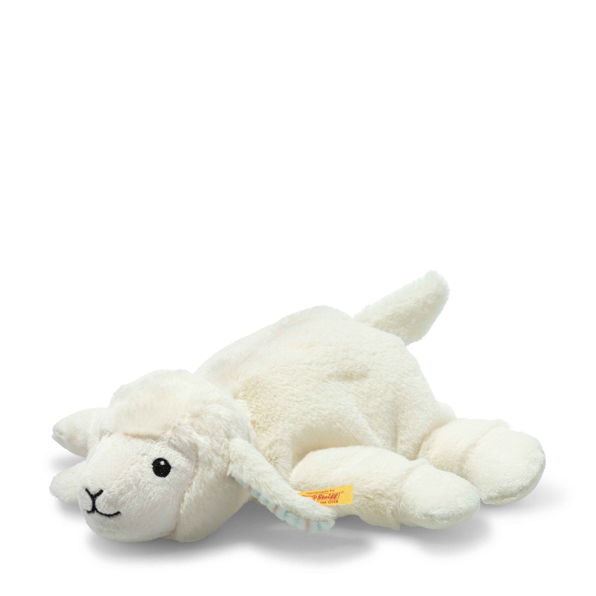 Lamb Floppy Linda plush toy made from soft fabric, small size, stitched facial features, perfect for cuddling and travel.