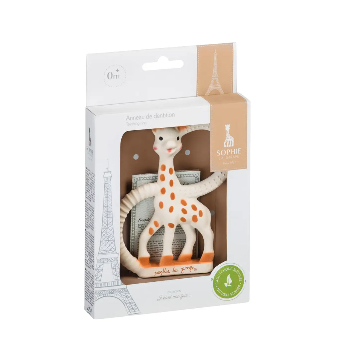 Sophie the Giraffe Teether in packaging with natural rubber textured rings for soothing babies aged 0 months and up.