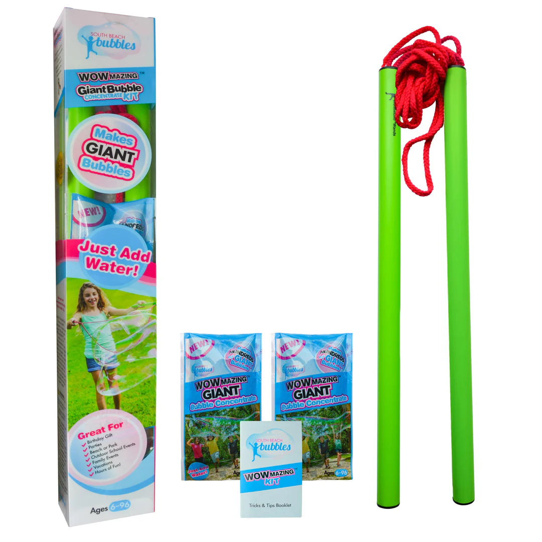 WOWmazing Giant Bubble Wand & Concentrate Kit with 2-handle wand, bubble concentrate pouches, and tips booklet for giant bubbles.