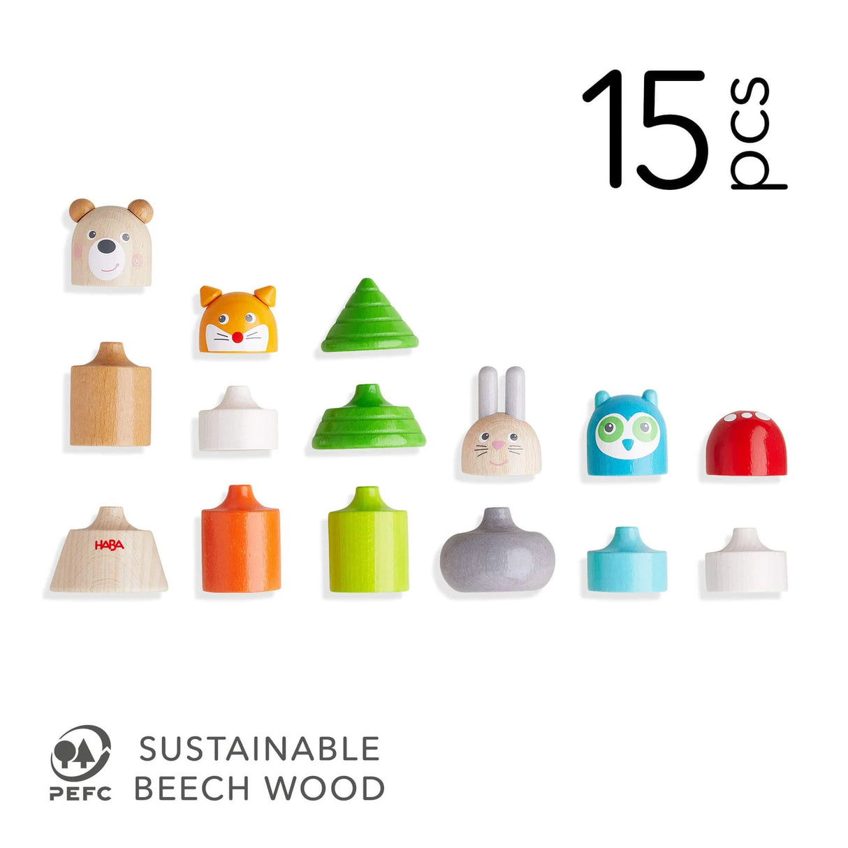Forest Stacking Toy with 15 colorful wooden pieces featuring forest animals and shapes, made of sustainable beech wood.