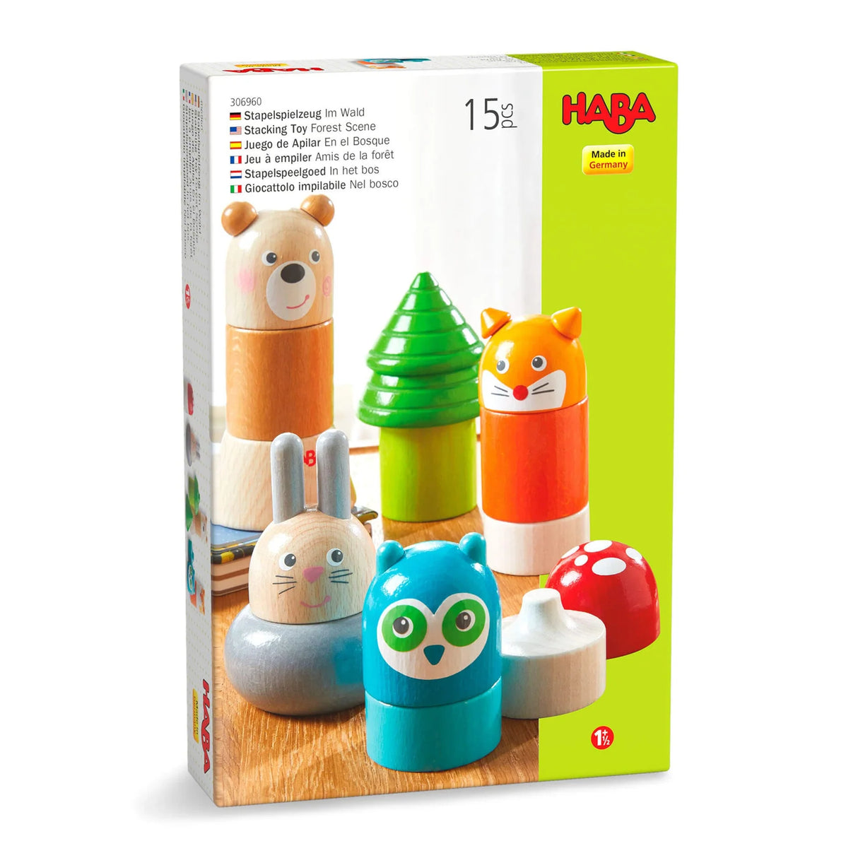 Forest Stacking Toy with colorful wooden forest animals and tree pieces designed for kids ages 1 1/2 and up.