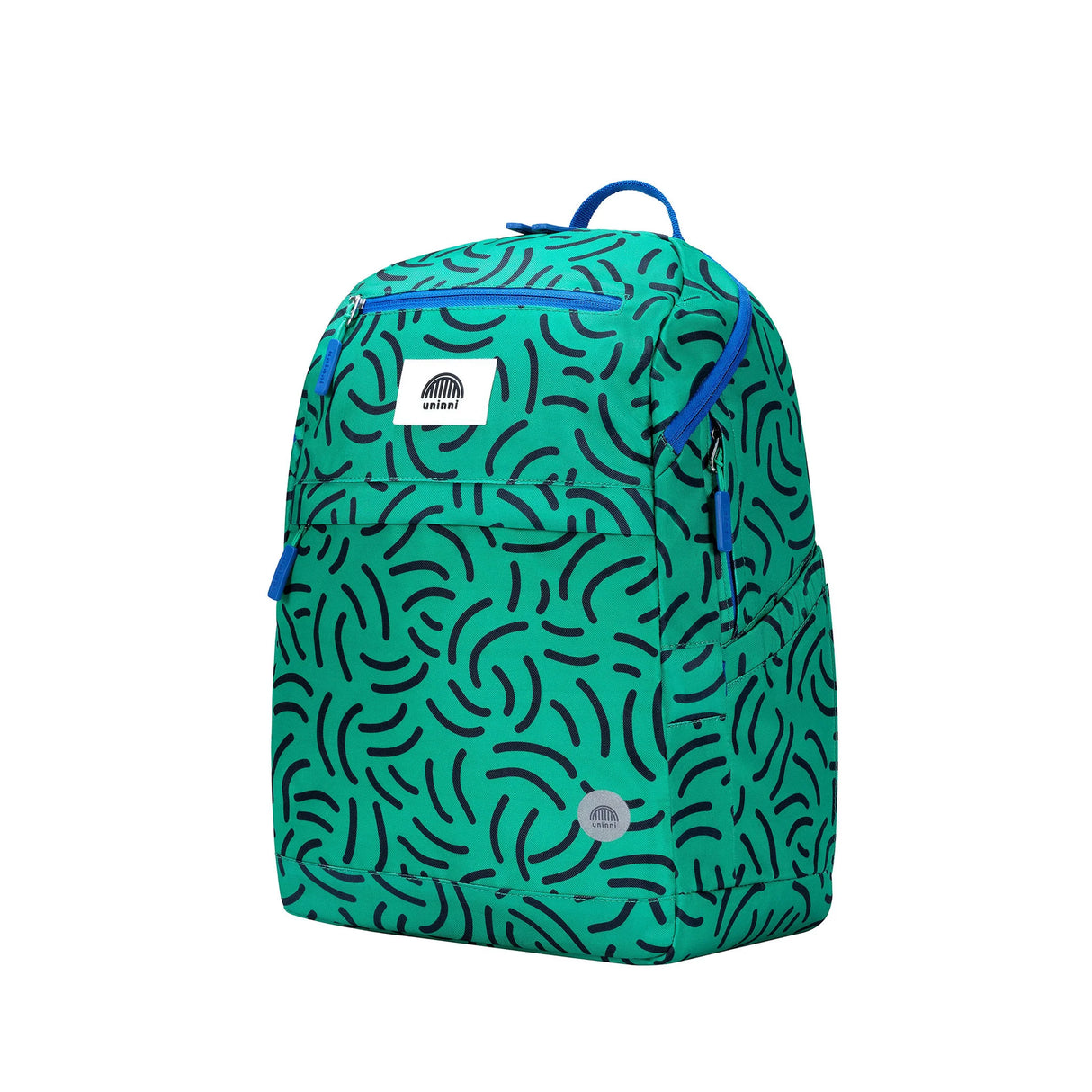 Backpack | Brush Strokes in green with black brush stroke pattern, padded straps, reflective logo, and multiple compartments.