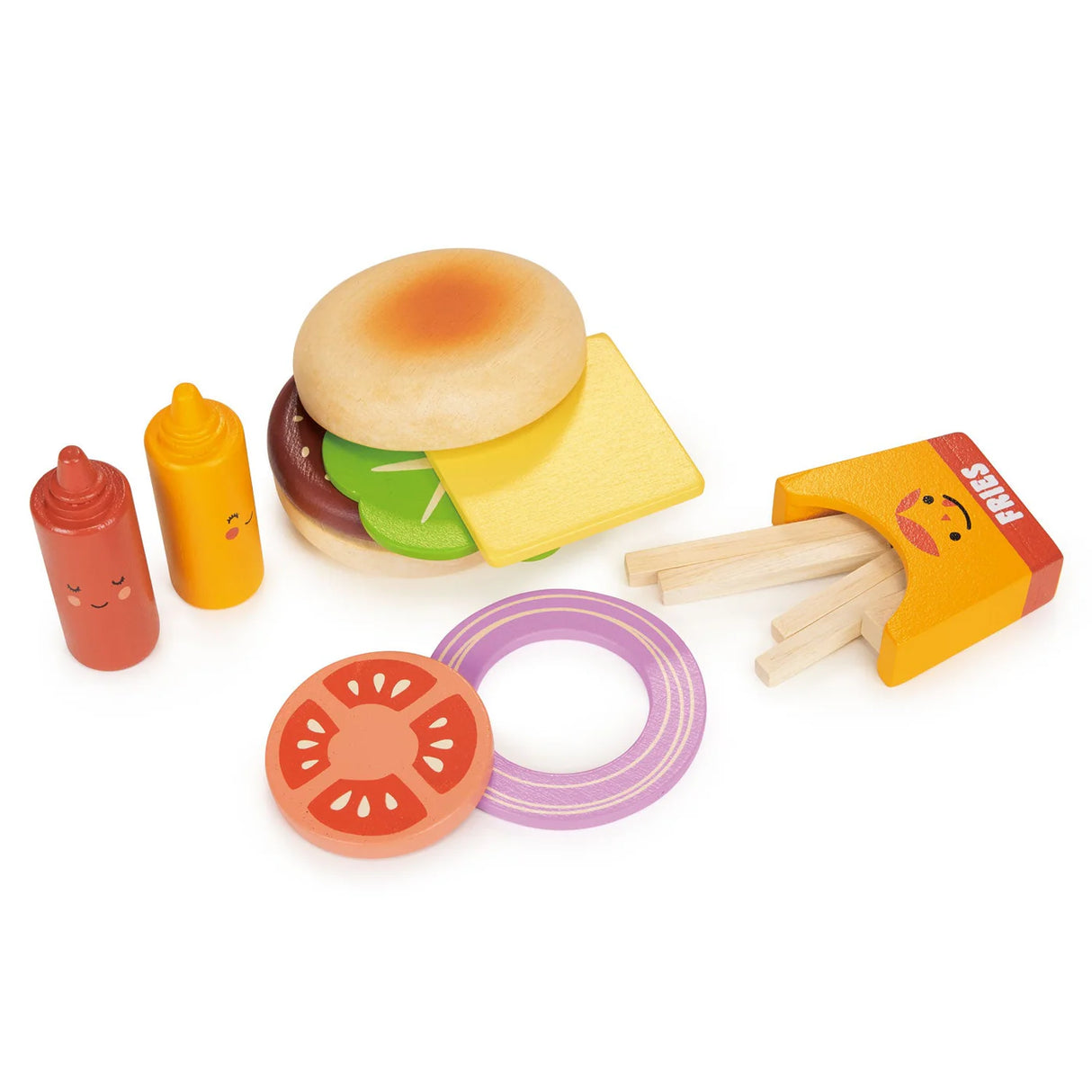 Wooden play food burger set with bun, cheese, tomato, onion, lettuce, ketchup, mustard, and fries for pretend play.
