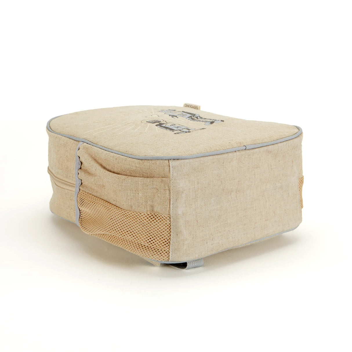 Backpack Toddler Robot Playdate in linen cotton with mesh side pockets, sized for preschooler essentials and reinforced bottom.