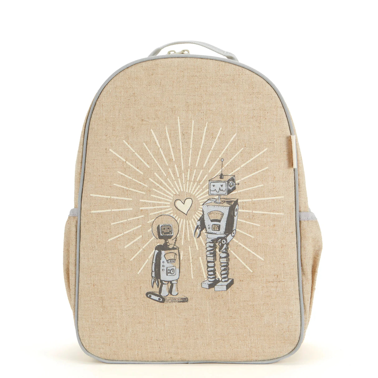 Backpack Toddler | Robot Playdate with linen/cotton fabric and cute robot design for preschoolers aged 2-5.