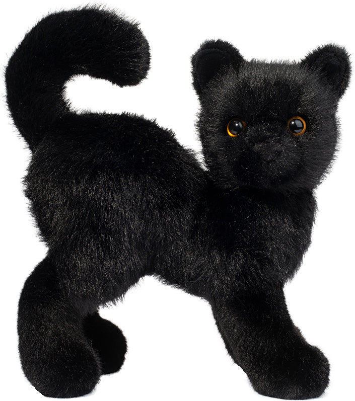 Soft black plush cat with bright eyes and curled tail standing in playful pose, perfect for cozy fall decor or gifts.