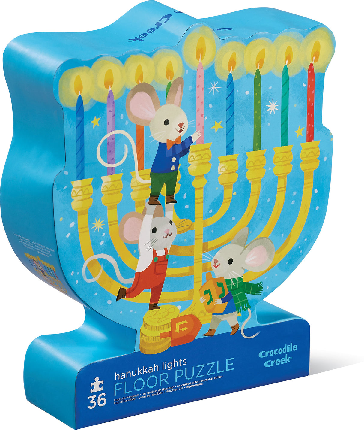 36pc Hanukkah Lights Floor Puzzle featuring three mice lighting a menorah on a blue starry background in a durable box.