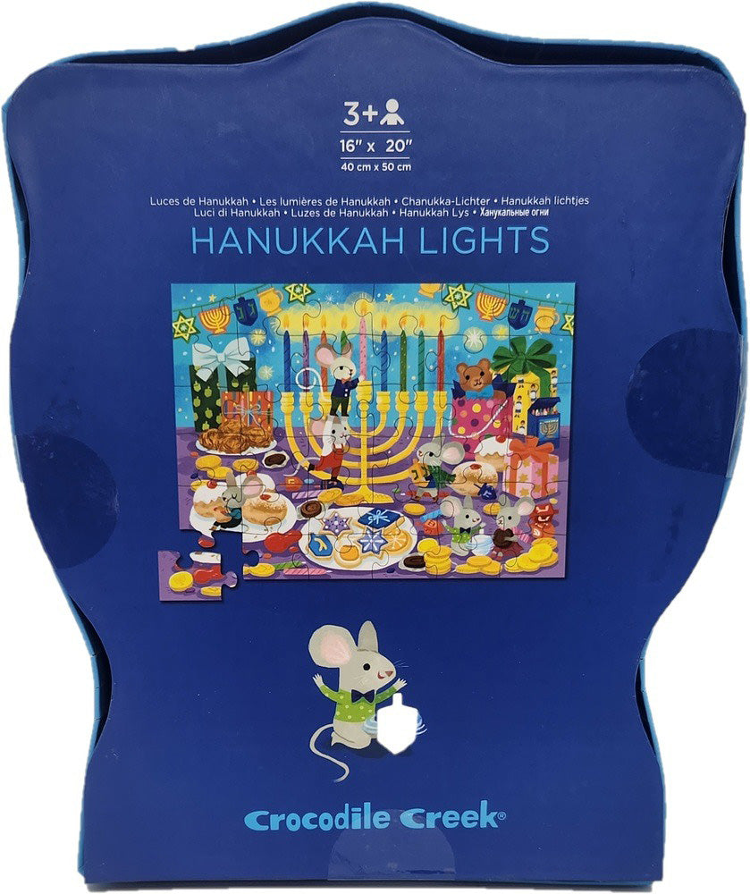 36pc Hanukkah Lights Floor Puzzle with colorful mice and menorah scene for ages 3+, promoting hand-eye coordination and problem solving.