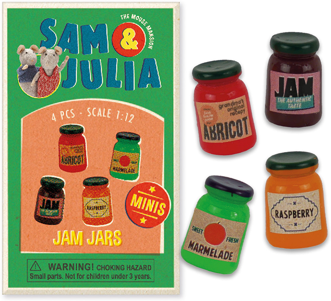 Sam & Julia | Matchbook Miniature jam jars set with apricot, raspberry, and marmalade styles in 1:12 scale packaging.