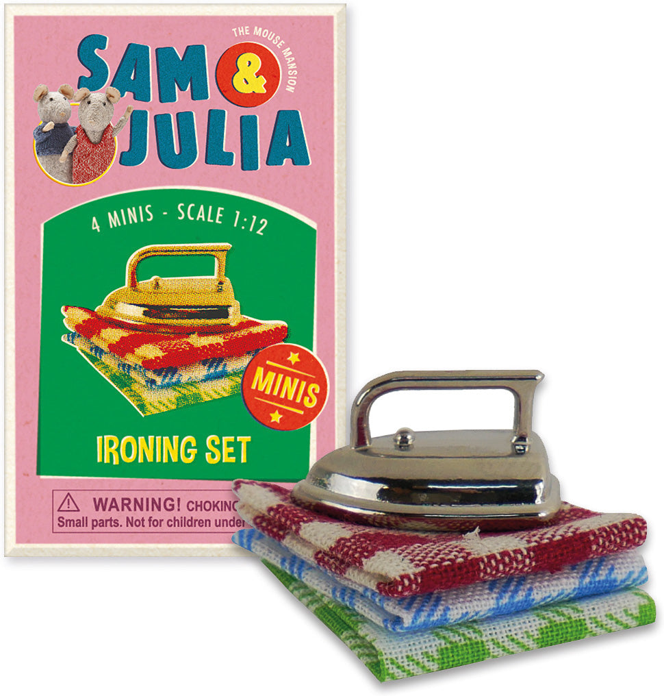 Sam & Julia | Matchbook Miniature ironing set with stacked colorful miniature cloths in 1:12 scale box packaging.