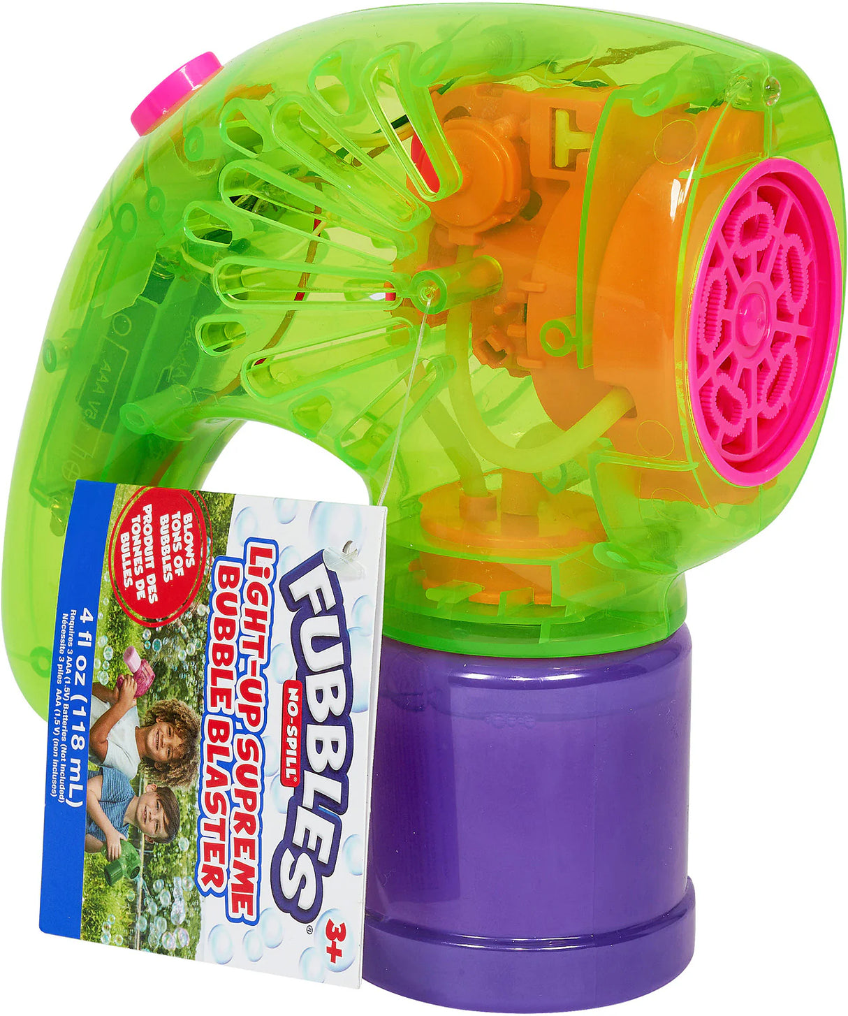 Fubbles No-Spill Light-Up Supreme Bubble Blaster in green and purple with pink bubble wand and included bubble solution bottle.