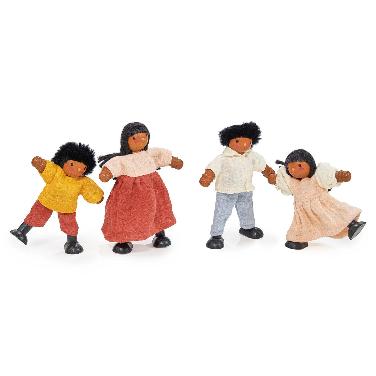 Four handcrafted cloth dolls dressed in colorful vintage-style clothing posing together on white background