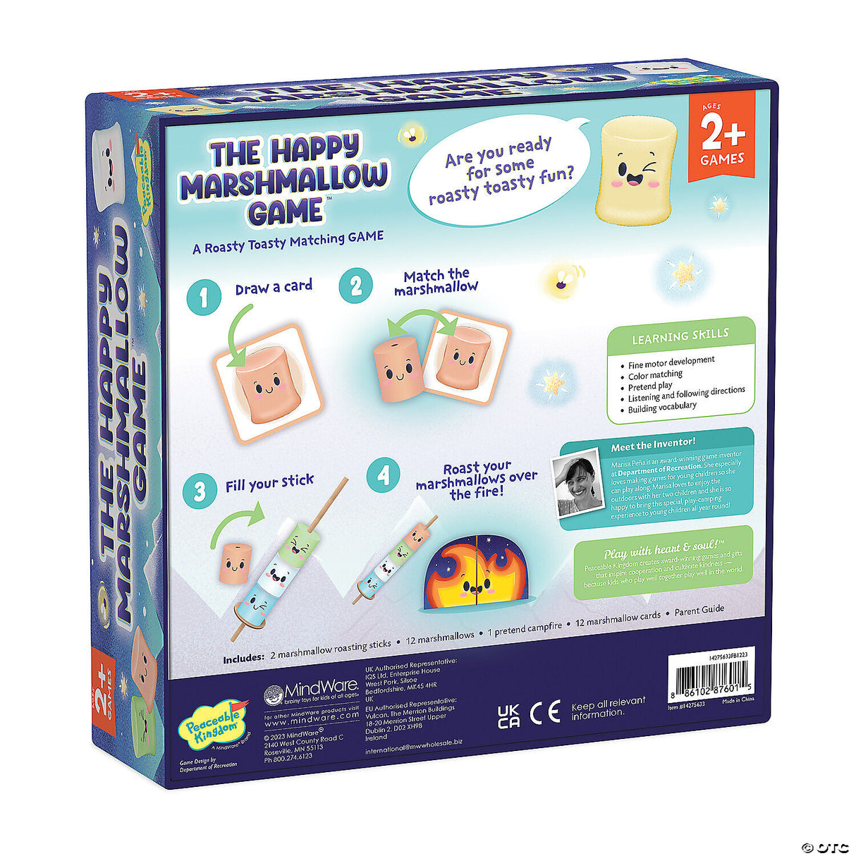 The Happy Marshmallow Game box showing colorful marshmallow cards and roasting sticks for toddlers 2 and up.