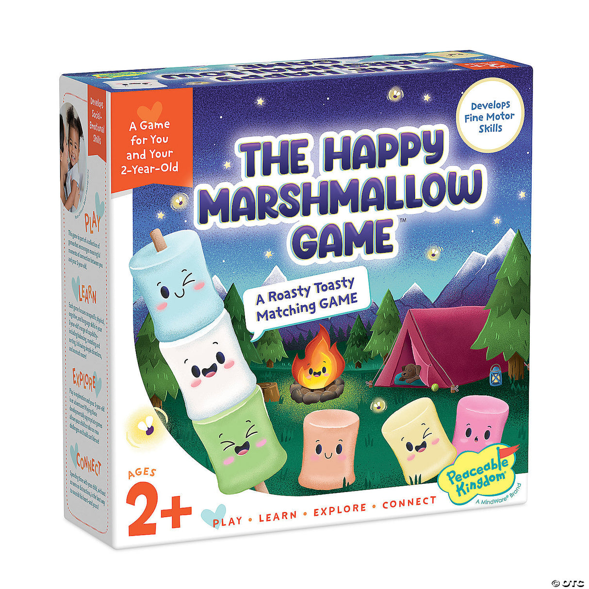 The Happy Marshmallow Game box featuring colorful marshmallow characters and a campfire scene for ages 2 and up.