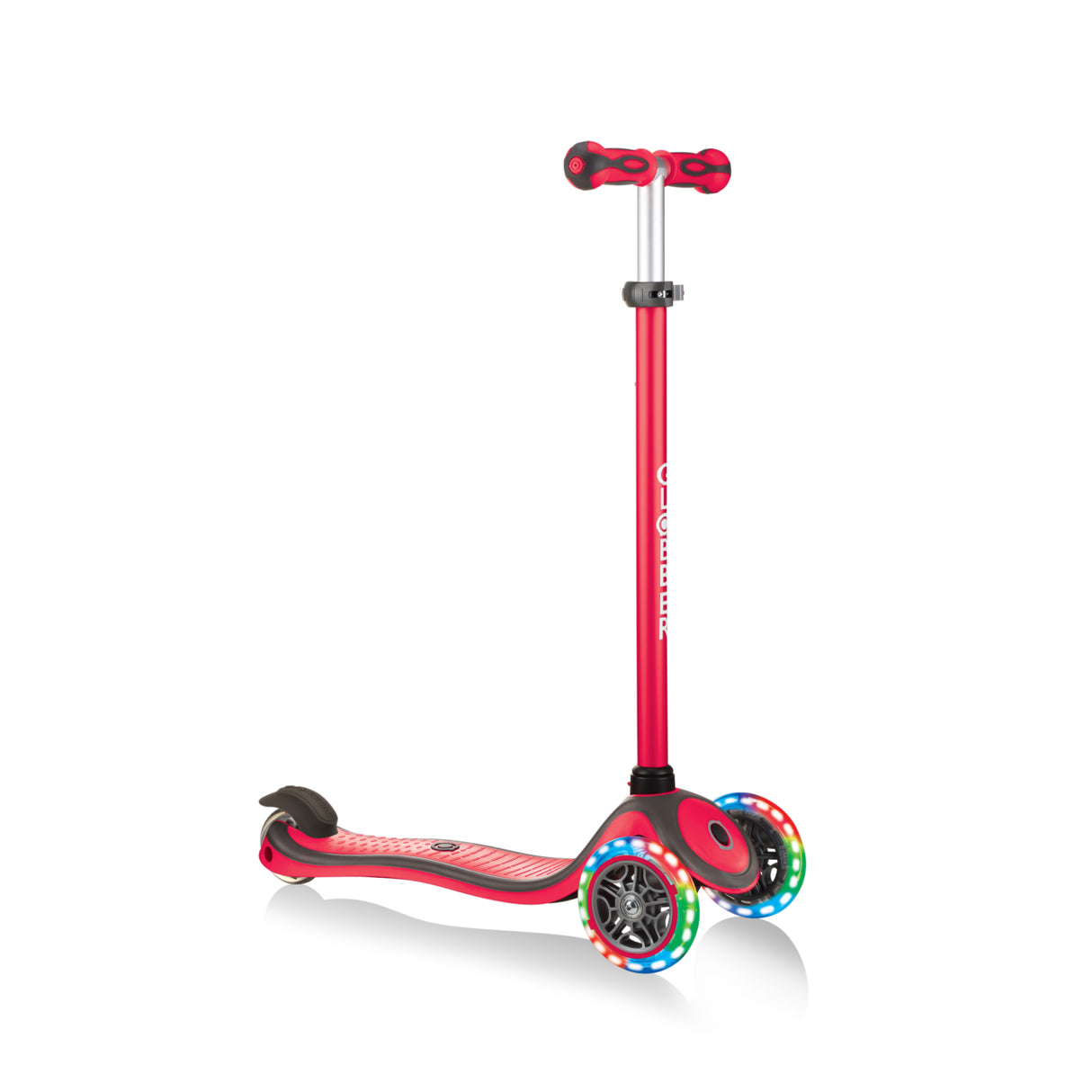 Scooter Primo Light Up Foldable in red with LED light-up wheels, adjustable handlebar, and foldable design for kids.