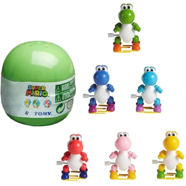 Yoshi Wind Up Blind Box showing six colorful windup Yoshi toys and the green capsule packaging.