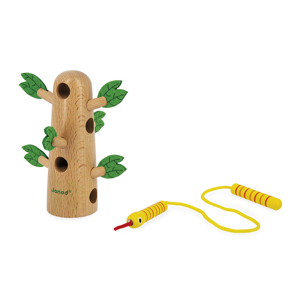 Tropik Lace-Up Tree wooden toy with green leaves and yellow snake lace helps develop fine motor skills for toddlers.