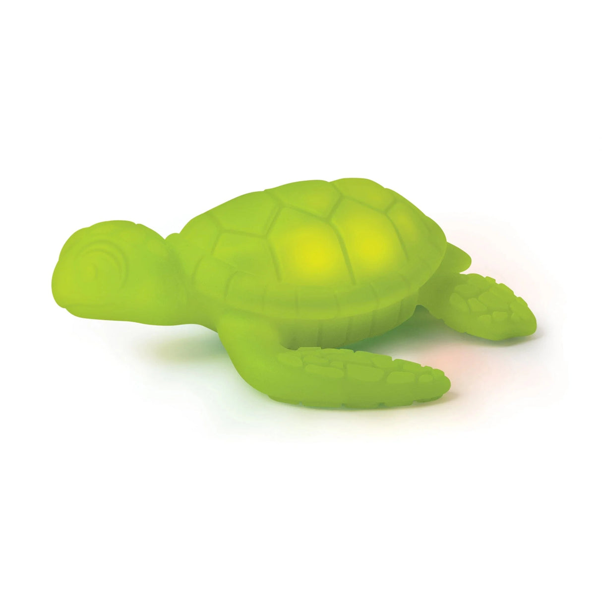 Green glowing Tub Turtle bath toy made of BPA-free silicone with light-up feature for water play.