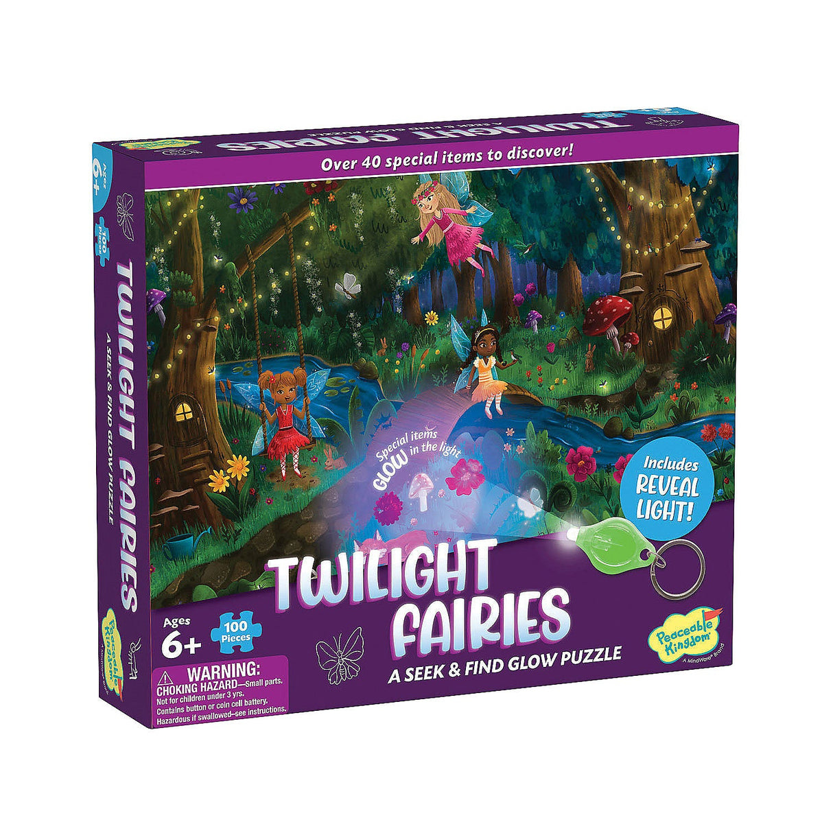 PZ 100pc Seek&Find Fairies puzzle with glow-in-the-dark items and a reveal light for ages 6 and up.