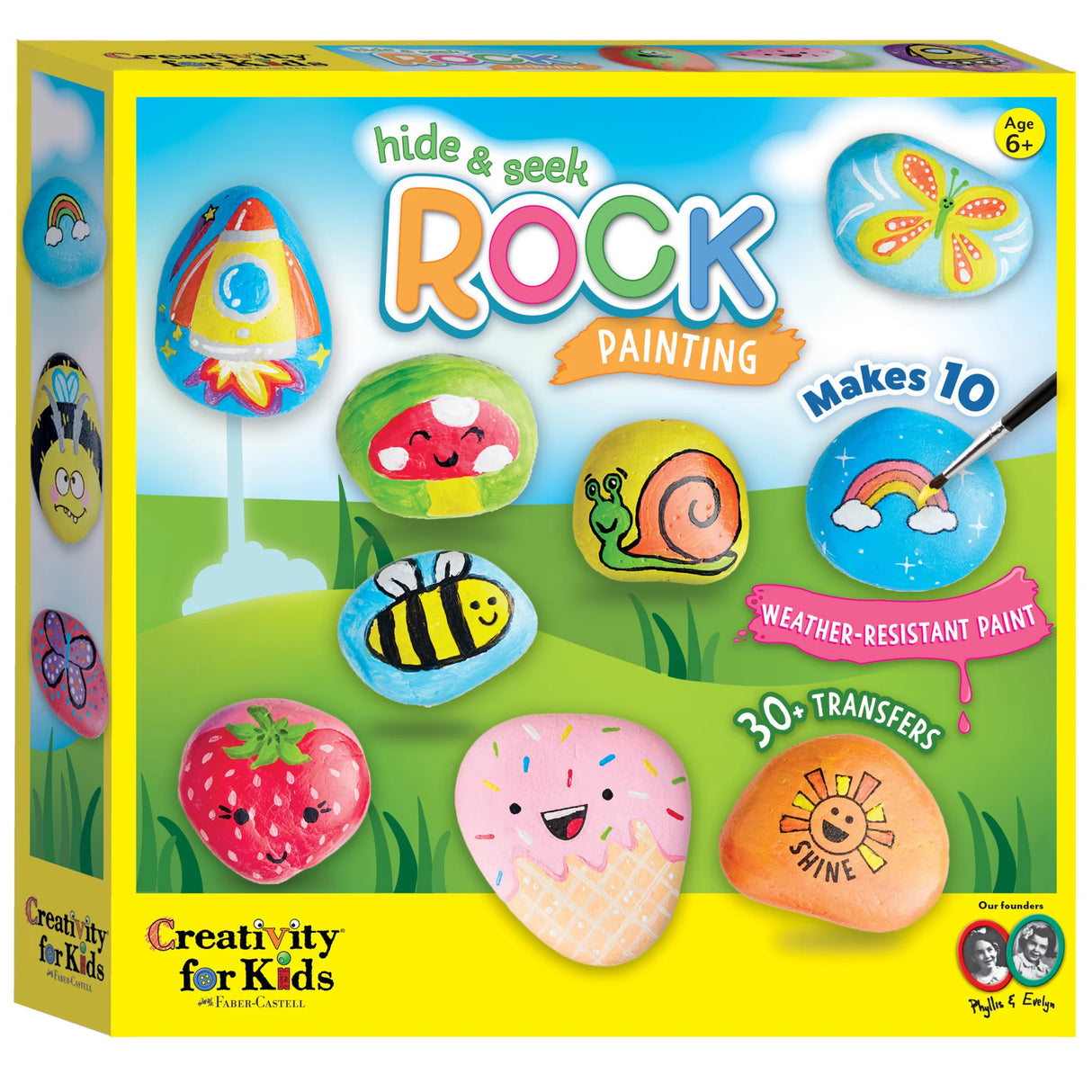 Hide & Seek Rock Painting Kit with 10 painted rocks featuring colorful designs and weather-resistant paint for kids ages 6 and up.