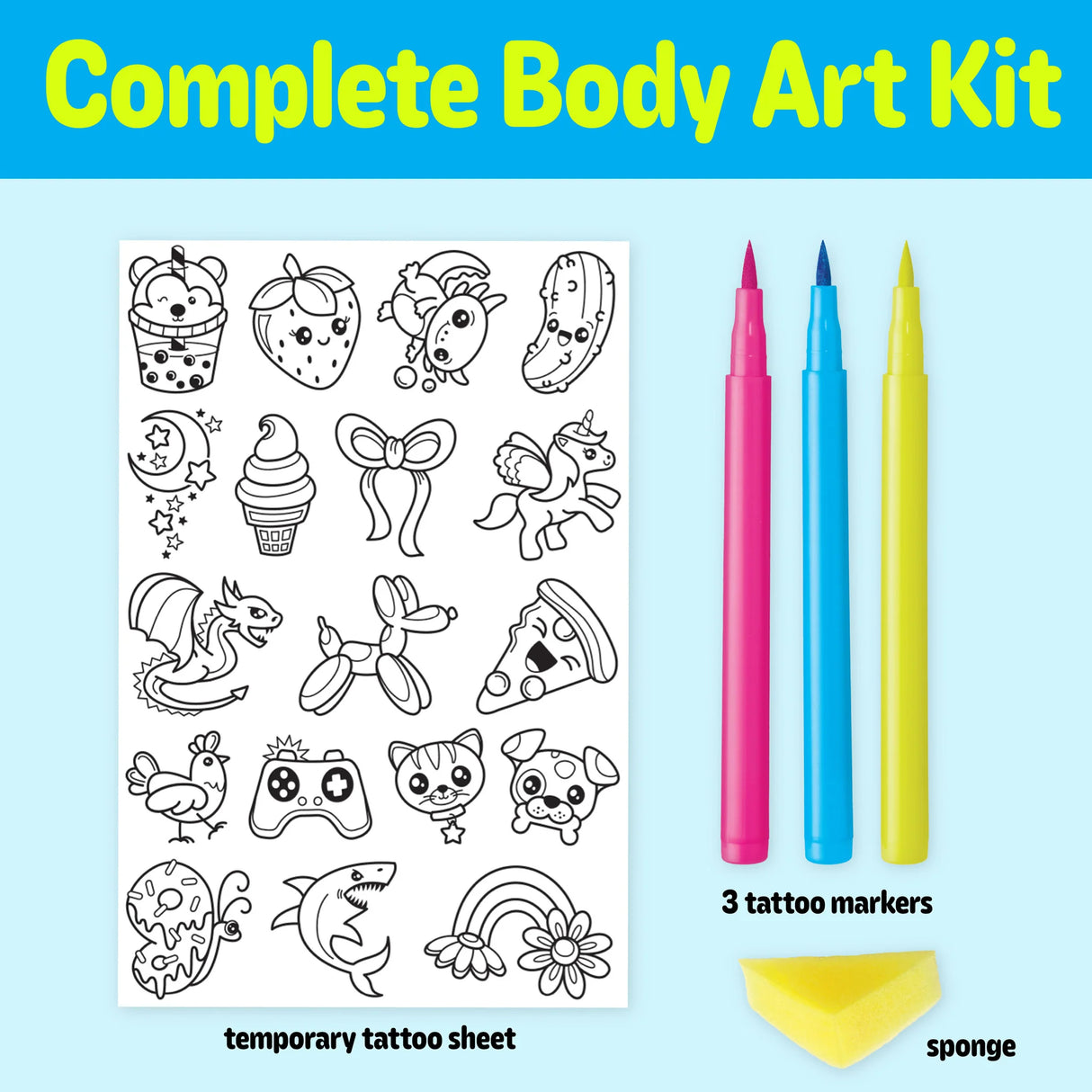Temporary tattoo sheet with fun designs, three pink, blue, yellow markers, and a sponge for easy application kit