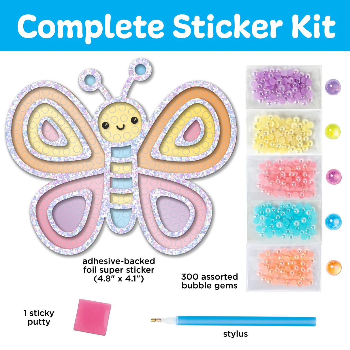 Bubble Gems Super Sticker Butterfly with adhesive-backed foil, 300 assorted bubble gems, stylus, and sticky putty for kids.