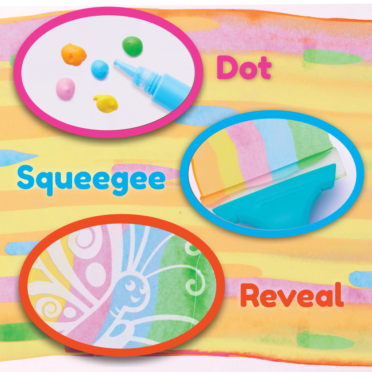 Squeegeez Magic Reveal Art Butterfly showing dotting paint, squeegee tool, and revealed butterfly design on colorful background