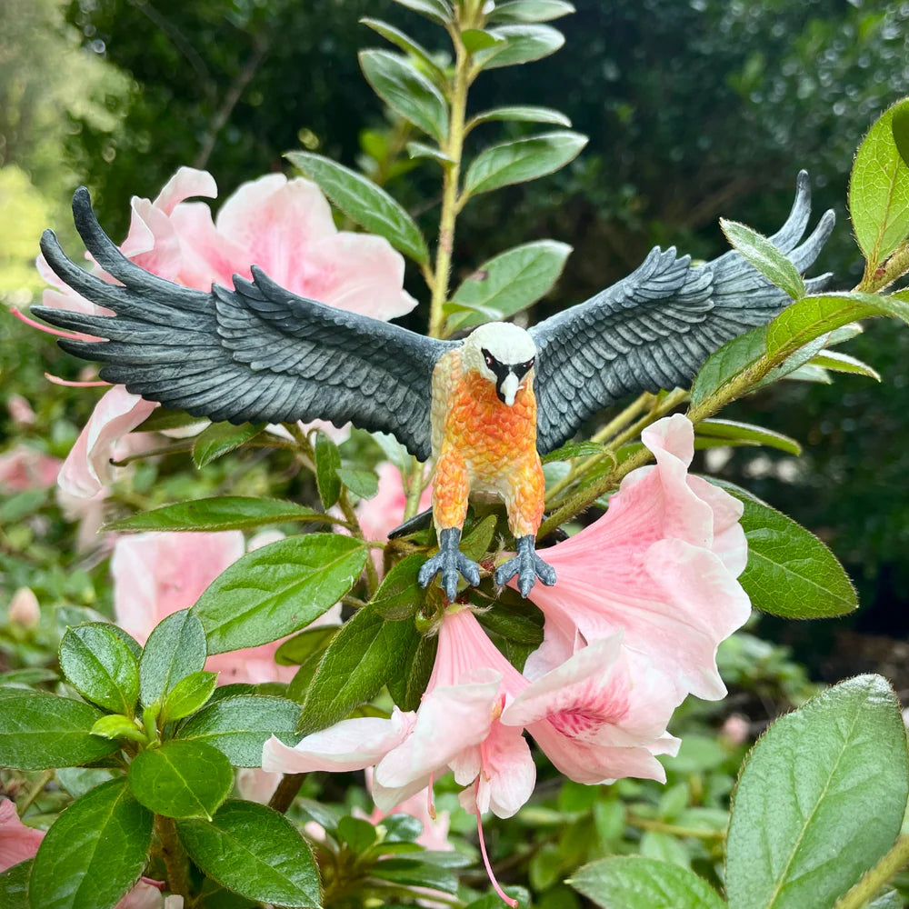 Bearded Vulture toy figure in flying pose with gray wings, cream head, and orange-stained underside on pink flowers.