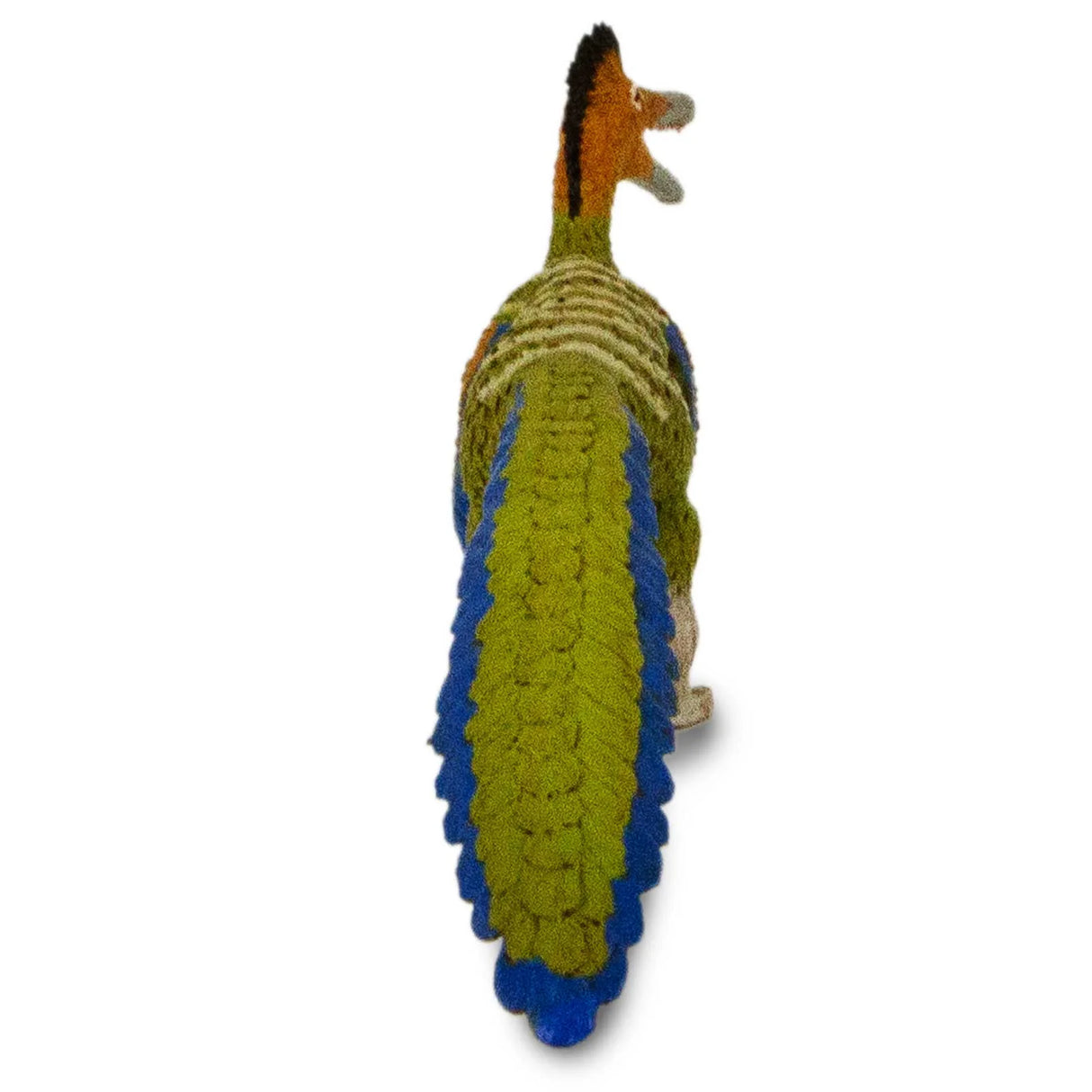 Austroraptor toy dinosaur figure showing green and blue feathered tail with detailed texture and black crest on head.