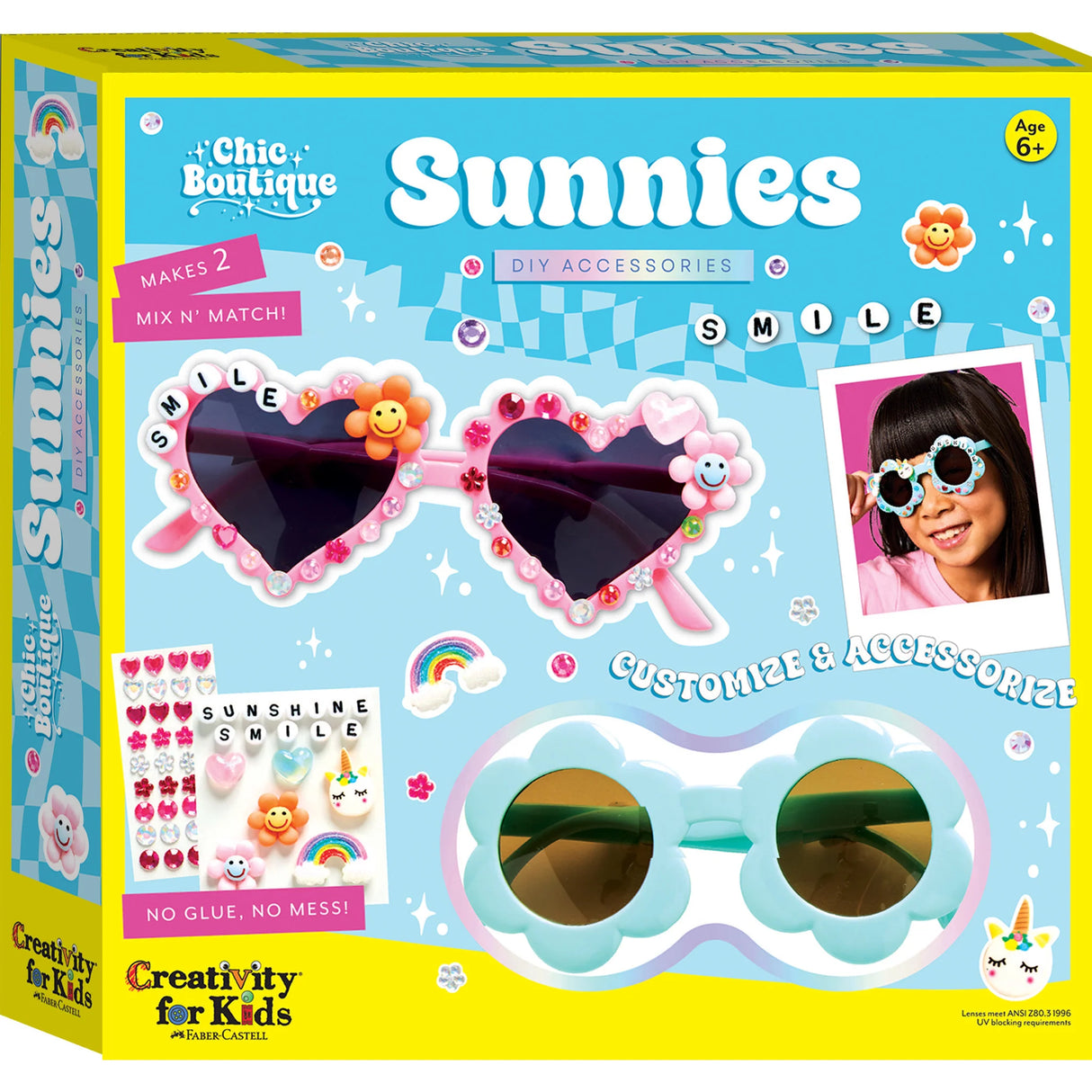 Chic Boutique Sunnies DIY kit with flower and heart-shaped sunglasses, rhinestones, pearls, and charms for kids.